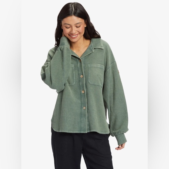 Roxy Jackets & Blazers - ROXY Off Duty knit shacket button down striped agave green large jacket